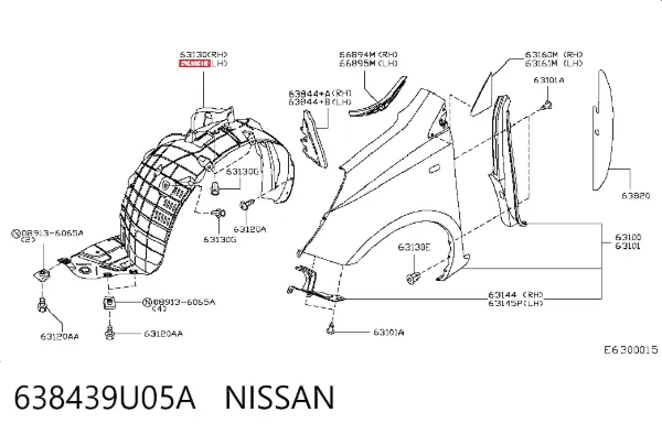 Guardalodos interior izquierdo, guardafango delantero 638439U05A Nissan/Infiniti