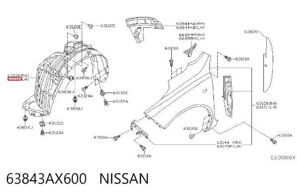 Guardalodos interior izquierdo, guardafango delantero 63843AX600 Nissan/Infiniti