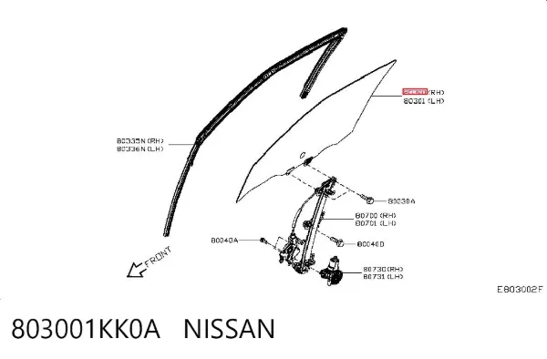 Cristal de puerta delantera derecha 803001KK0A Nissan/Infiniti