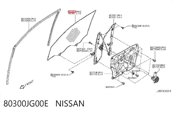 Cristal de puerta delantera derecha 80300JG00E Nissan/Infiniti