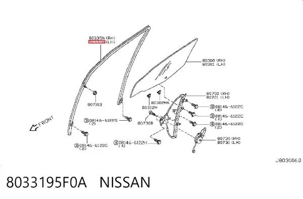 Guía de cristal del marco de la puerta delantera izquierda 8033195F0A Nissan/Infiniti