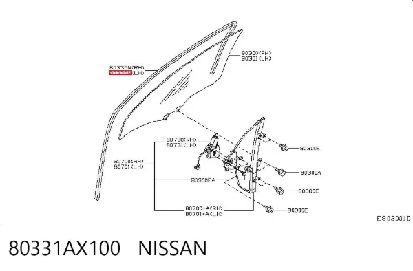 Guía de cristal del marco de la puerta delantera izquierda 80331AX100 Nissan/Infiniti