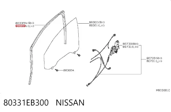 Guía de cristal del marco de la puerta delantera izquierda 80331EB300 Nissan/Infiniti