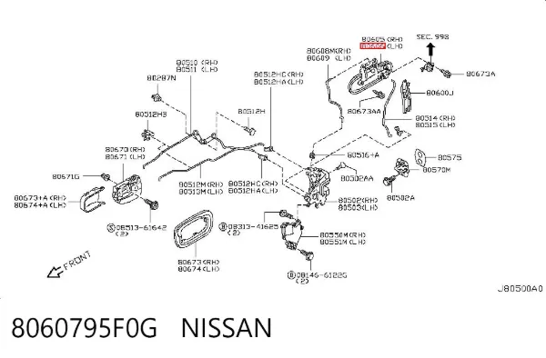 Manija exterior izquierda de puerta delantera 8060795F0G Nissan/Infiniti