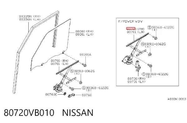 Mecanismo de elevalunas delantero derecha 80720VB010 Nissan/Infiniti