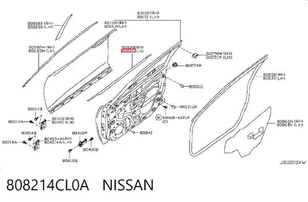 Moldura de cristal de la puerta delantera izquierda 808214CL0A Nissan/Infiniti