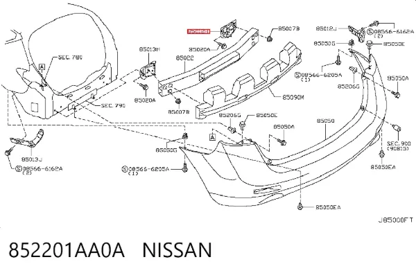 Soporte del refuerzo del parachoques trasero 852201AA0A Nissan/Infiniti