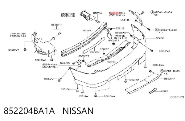 Guía derecha del parachoques trasero 852204BA1A Nissan/Infiniti
