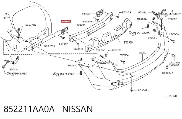 Soporte del refuerzo del parachoques trasero 852211AA0A Nissan/Infiniti