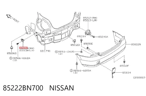 Soporte de parachoques trasero izquierdo 85222BN700 Nissan/Infiniti