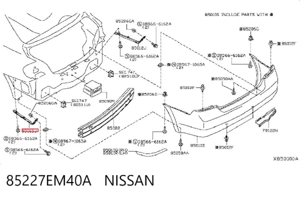 Soporte de parachoques trasero izquierdo 85227EM40A Nissan/Infiniti