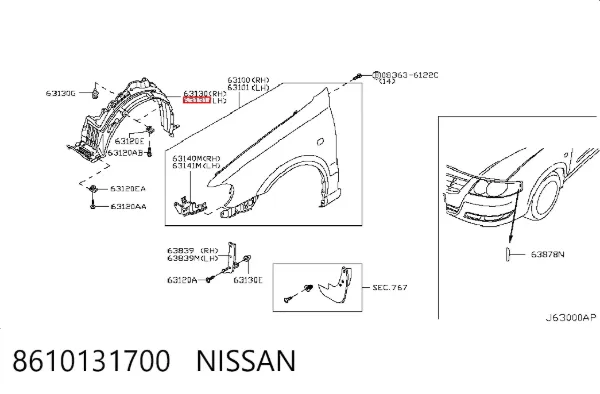 Guardalodos interior izquierdo, guardafango delantero 8610131700 Nissan/Infiniti