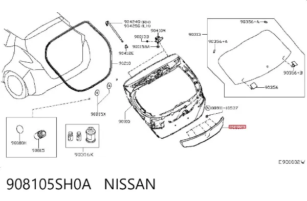 Moldura de tapa de maletero 908105SH0A Nissan/Infiniti