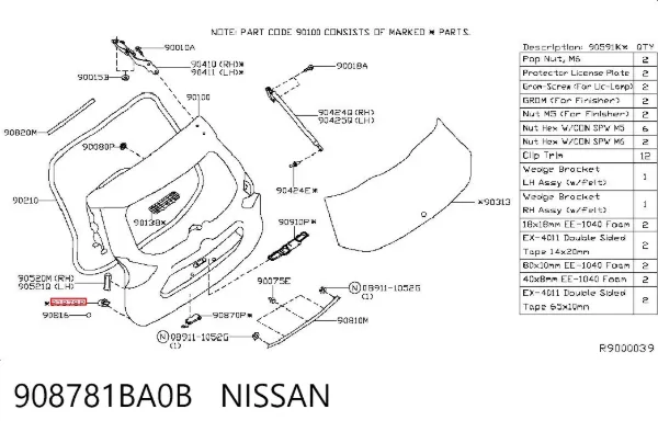 Tope de la tapa del maletero 908781BA0B Nissan/Infiniti