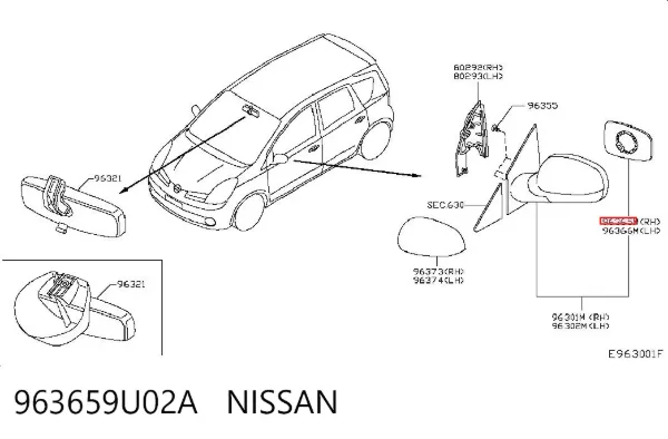 Cristal de espejo retrovisor derecho 963659U02A Nissan/Infiniti