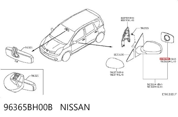 Cristal de espejo retrovisor derecho 96365BH00B Nissan/Infiniti
