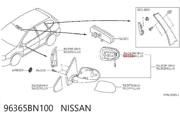Cristal de espejo retrovisor derecho 96365BN100 Nissan/Infiniti