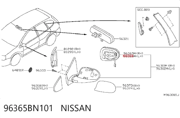 Cristal de espejo retrovisor derecho 96365BN101 Nissan/Infiniti