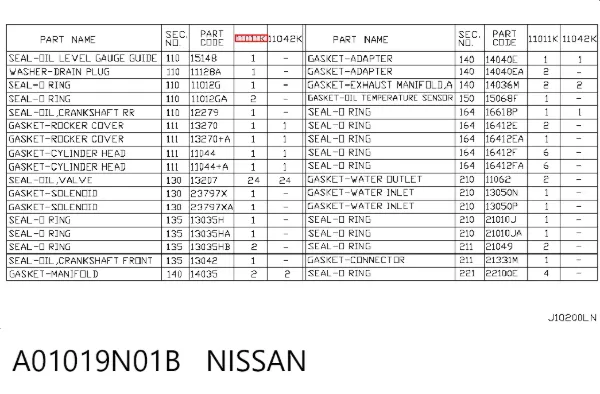 Juego de juntas para motor A01019N01B Nissan/Infiniti