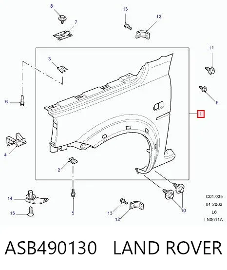 Aleta delantera izquierda ASB490130 Land Rover