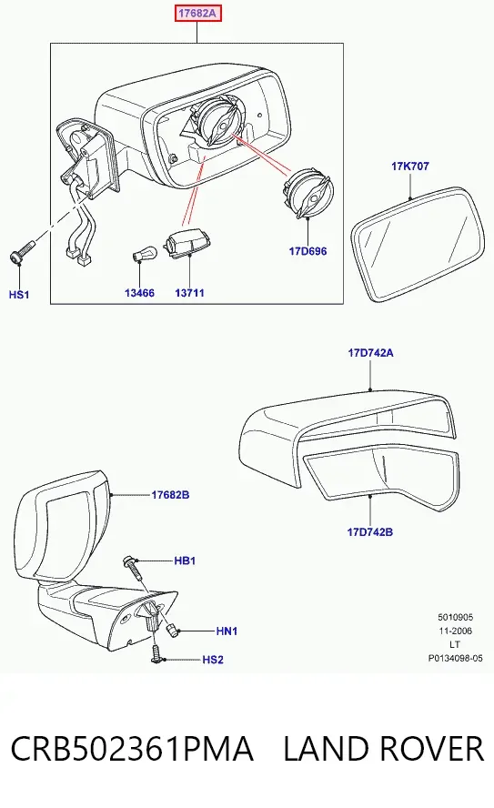 Espejo de retrovisor derecho CRB502361PMA Land Rover