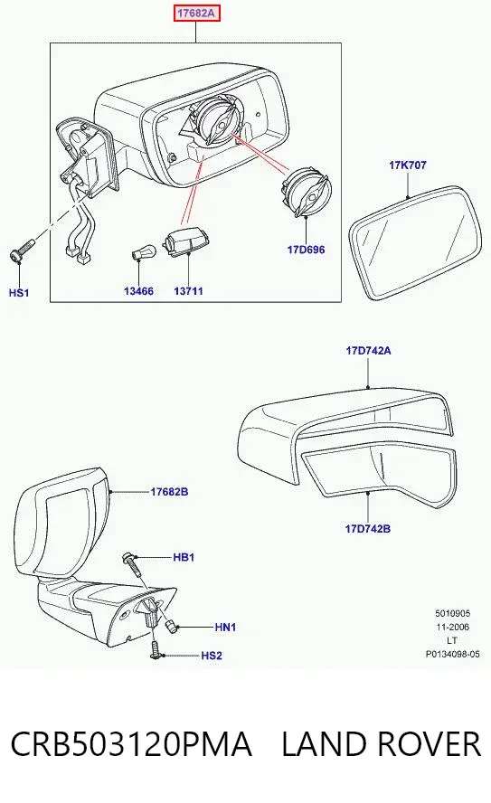 Espejo de retrovisor derecho CRB503120PMA Land Rover