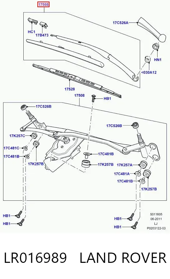 Brazo del limpiaparabrisas LR016989 Land Rover