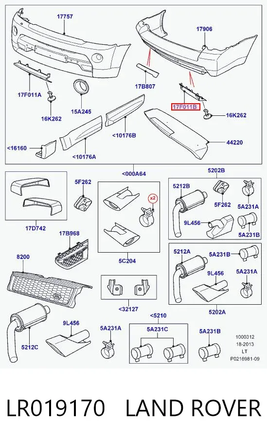 Moldura central del parachoques trasero LR019170 Land Rover