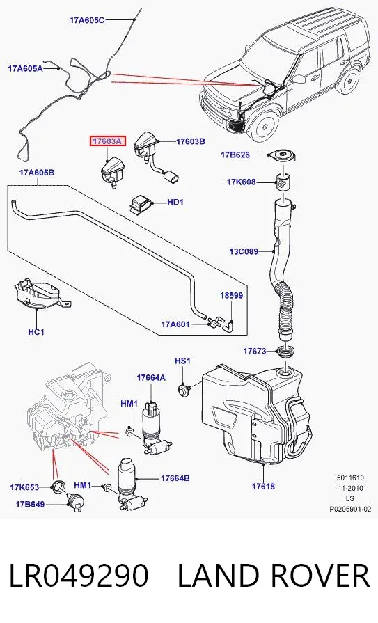 Boquilla del lavaparabrisas LR049290 Land Rover