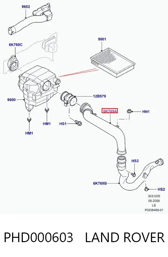 Conducto de aire, salida del filtro de aire PHD000603 Land Rover