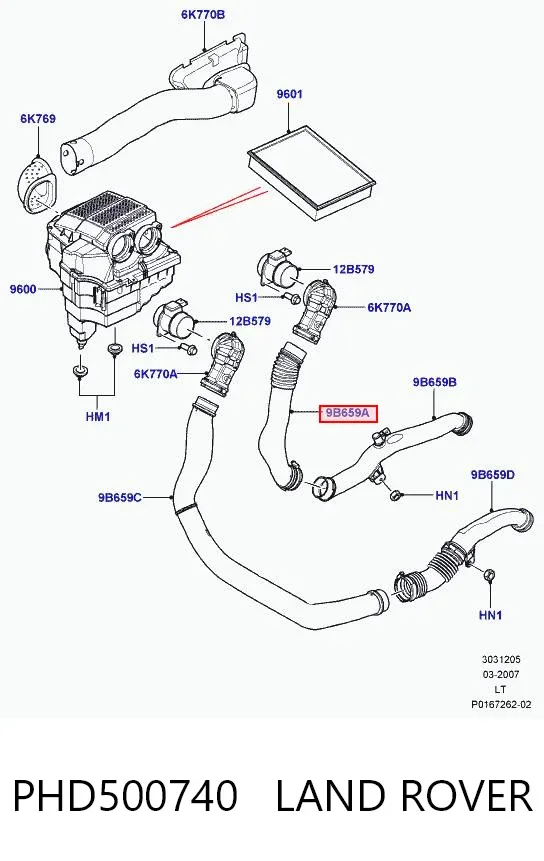 Conducto de aire, salida del filtro de aire PHD500740 Land Rover