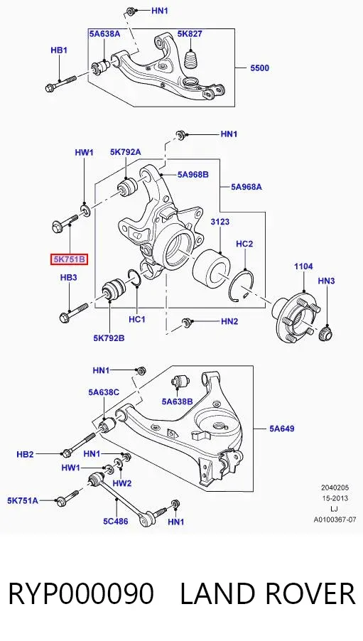 Perno de fijación del brazo superior trasero exterior RYP000090 Land Rover