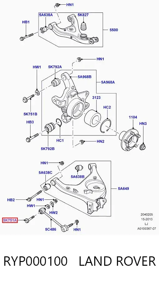 Perno interior del brazo de caída trasero RYP000100 Land Rover