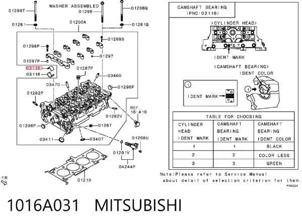 Juego de cojinetes de árbol de levas, estándar 1016A031 Mitsubishi
