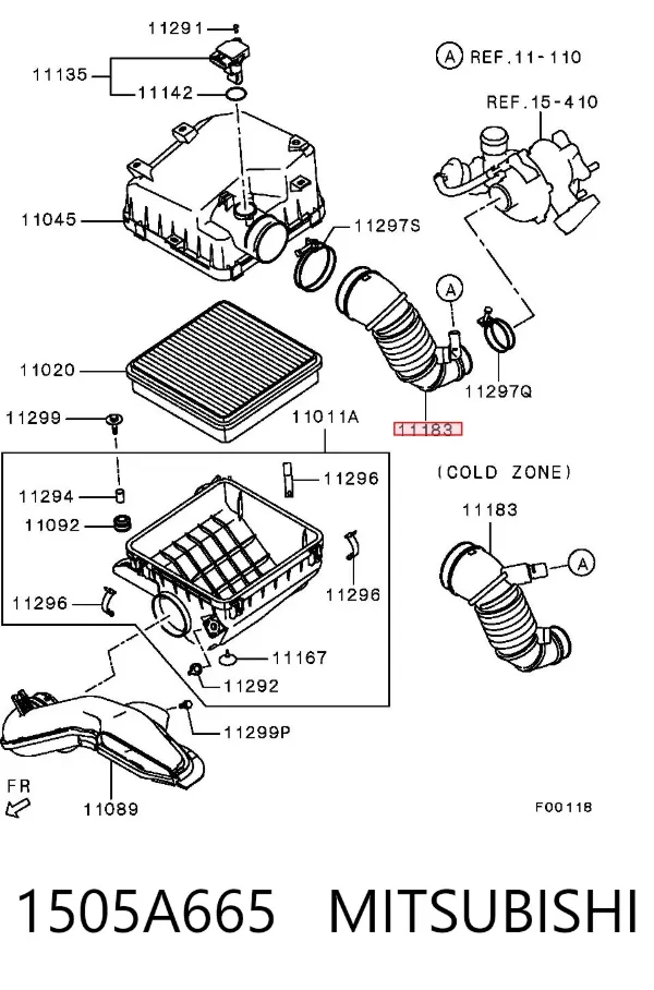Conducto de aire, salida del filtro de aire 1505A665 Mitsubishi