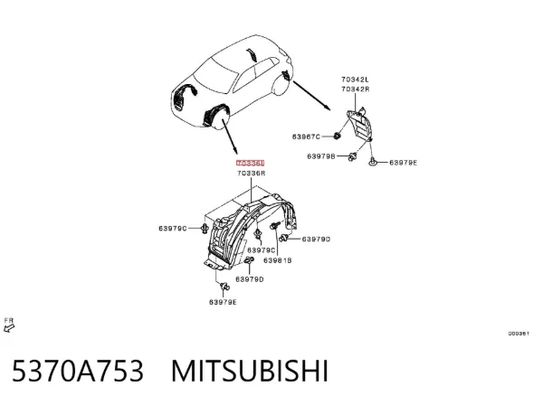 Guardalodos interior izquierdo, guardafango delantero 5370A753 Mitsubishi
