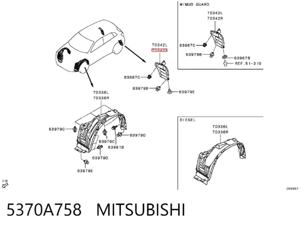 Guardalodo interior derecho, aleta trasera 5370A758 Mitsubishi