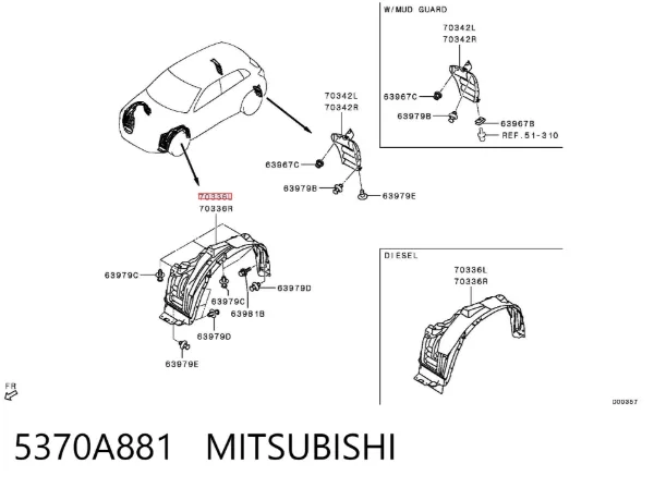 Guardalodos interior izquierdo, guardafango delantero 5370A881 Mitsubishi
