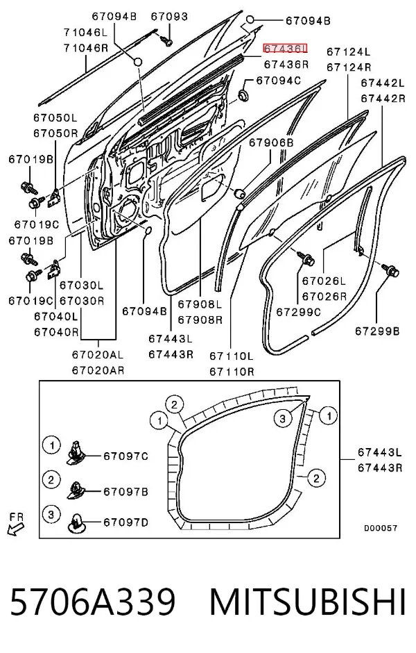 Sellador interior de vidrio de puerta delantera derecha 5706A339 Mitsubishi