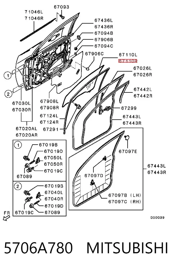 Cristal de puerta delantera derecha 5706A780 Mitsubishi
