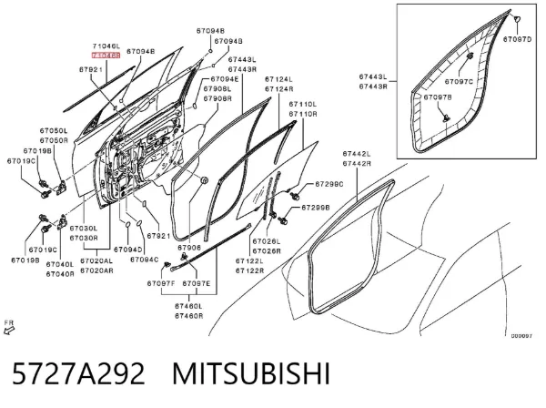 Moldura de cristal de puerta delantera derecha 5727A292 Mitsubishi