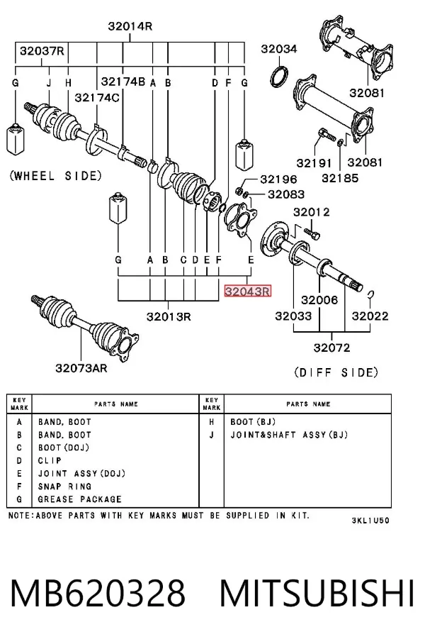 Junta homocinética interna delantera derecha MB620328 Mitsubishi