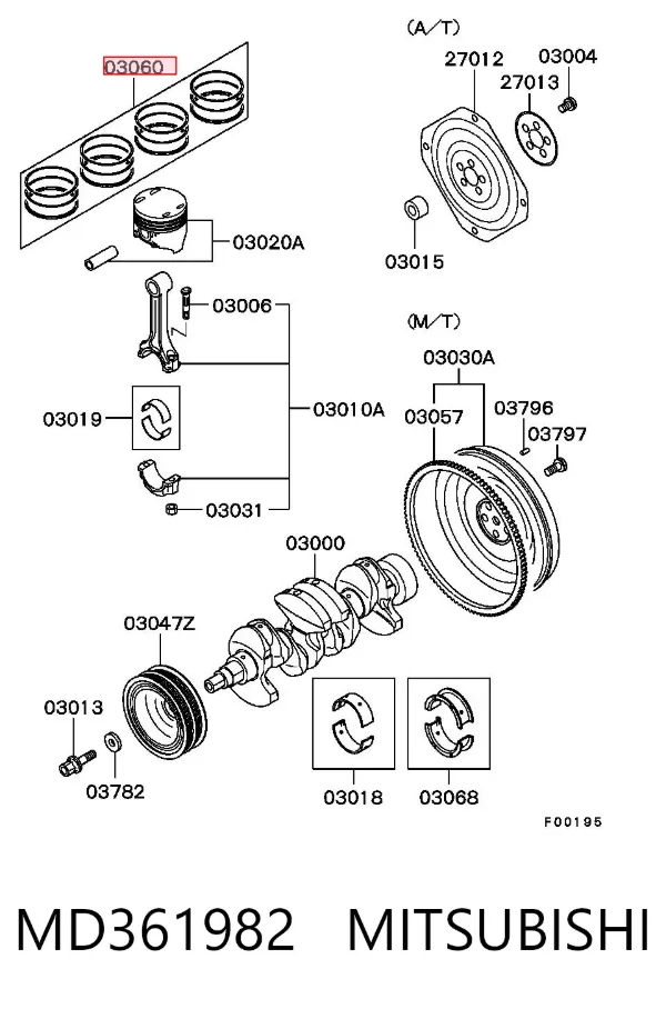 Aros de pistón para 1 cilindro, STD MD361982 Mitsubishi