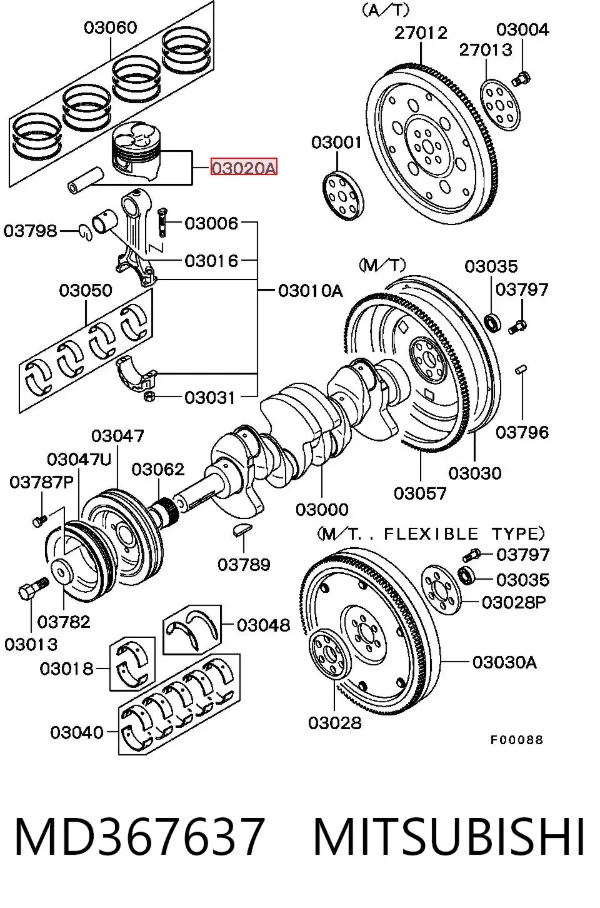 Pistón con bulón sin anillos, STD MD367637 Mitsubishi