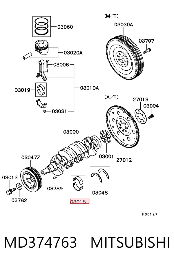 Juego de cojinetes de cigüeñal, cota de reparación (+0,50 mm) MD374763 Mitsubishi