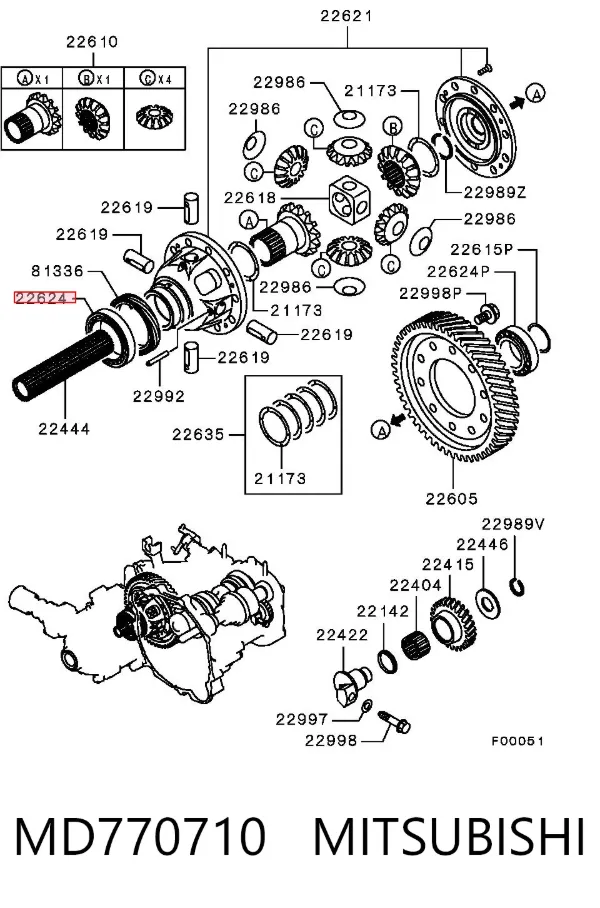 Cojinete del diferencial del eje delantero MD770710 Mitsubishi