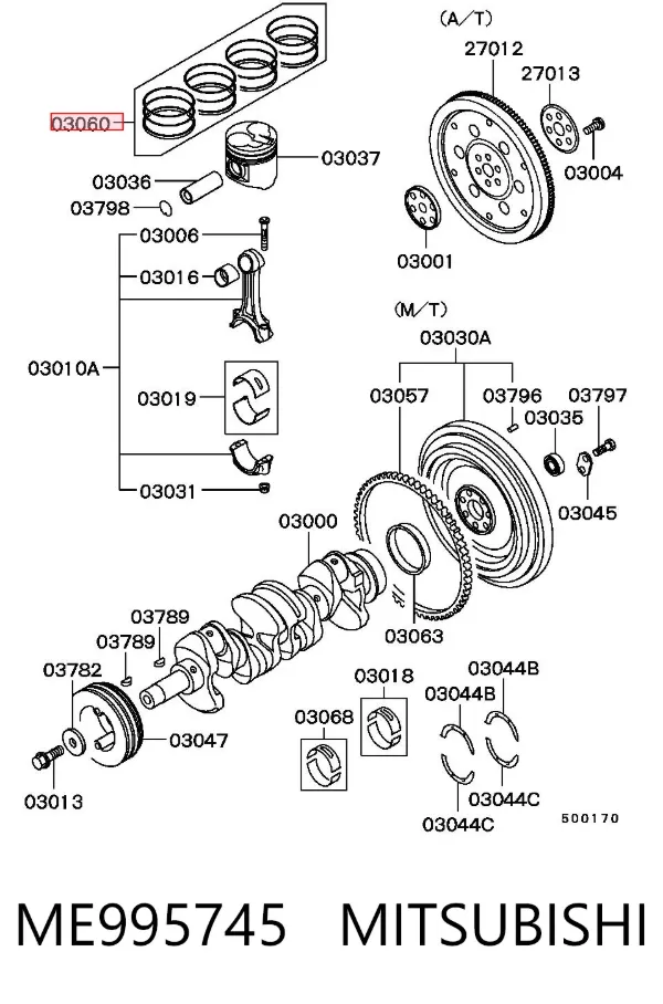 Juego de aros de pistón para motor, sobremedida (+0,50 mm) ME995745 Mitsubishi