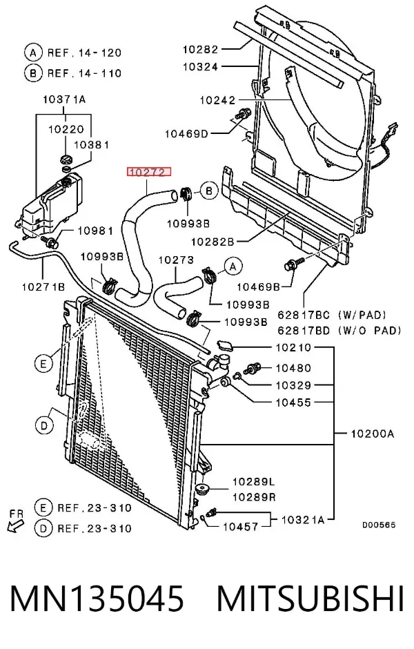 Manguera inferior del radiador MN135045 Mitsubishi