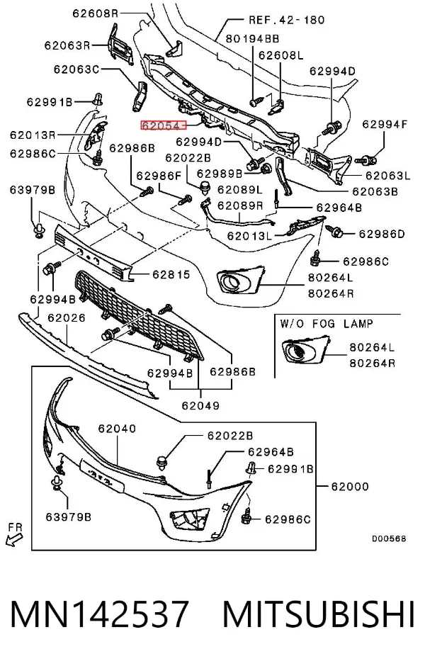 Refuerzo parachoque delantero MN142537 Mitsubishi