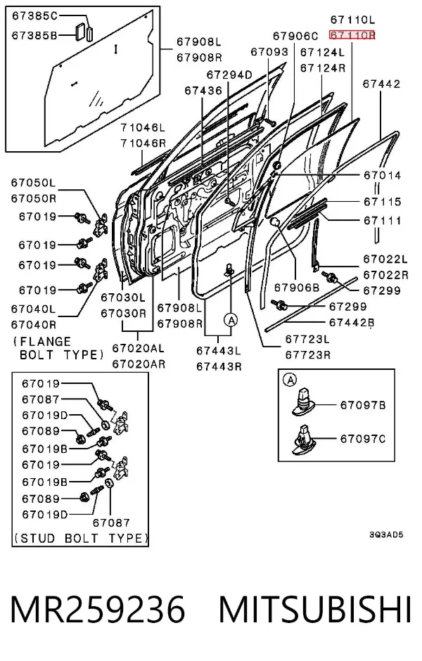 Cristal de puerta delantera derecha MR259236 Mitsubishi